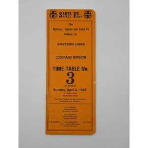 Vintage 1987 Santa Fe Railway Time Table No 3 Colorado‎ Division Eastern Lines